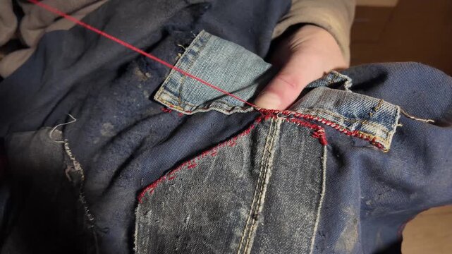 A close-up video showing hands carefully repairing blue denim clothing using a needle and bright red thread, highlighting the manual stitching process and fabric texture.