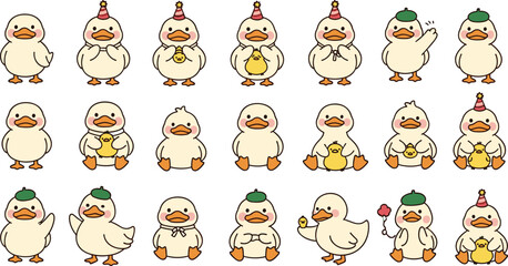 Obraz premium Cute duck cartoon characters set vector illustration. Kawaii baby duck mascots with different poses, emotions and accessories.