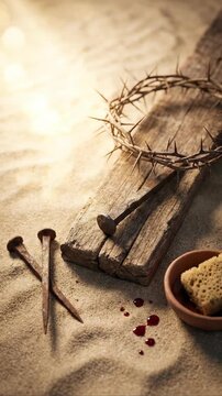 Crown of thorns and iron nails on a wooden board in sand, crucifixion symbols and mourning, Good Friday, Easter.