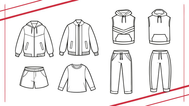 Vector illustration set of fashion technical sketches for men and women clothing, hoodies, jackets, sweatshirts, shorts and pants