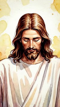 Illustration of Jesus Christ in white robe, christian devotion and prayer, faith concept, Good Friday, Easter.