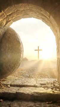 Empty stone tomb entrance with a cross in the distance, resurrection hope and faith, Good Friday, Easter.