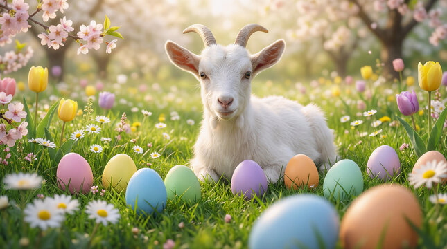 Cute white goat resting in bright spring meadow with colorful Easter eggs and blooming flowers, joyful Easter countryside scene with soft sunlight and peaceful rural nature