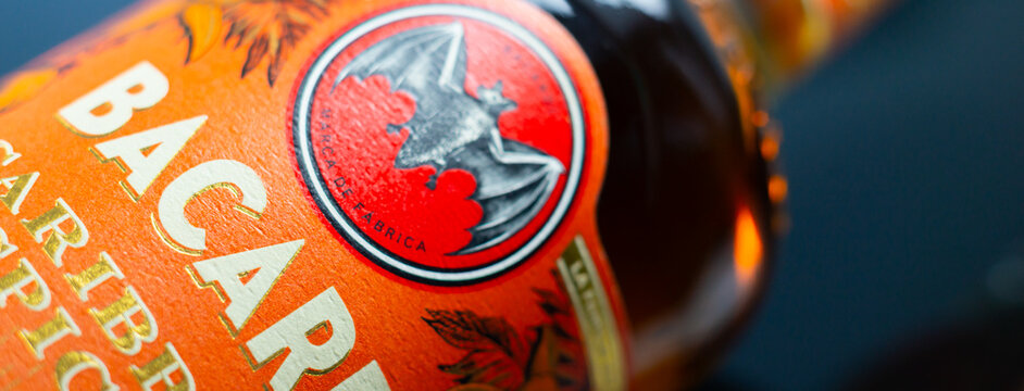 LONDON, UK - 20 AUGUST 2024 A bottle of Bacardi Caribbean Spiced Rum, a balanced blend of barrel-aged rum, aromatic spices, notes of coconut, pineapple, cinnamon, vanilla, and a subtle oaky note 