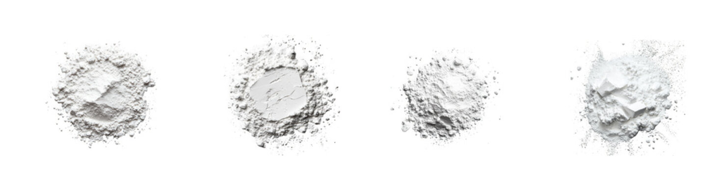 Piles of white powder with scattered dust isolated on transparent background
