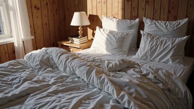 Peaceful Morning Sanctuary. Bright Bed With Calming Atmosphere. Gentle Wakeup Spot With Soothing Colors And Comfort. Tranquil Dawn Hideaway Featuring Warm Hues And Cozy Textures For Relaxation