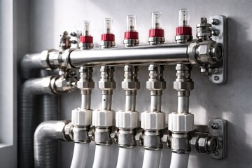 Fototapeta premium Radiant floor heating manifold system in professional industrial style, metallic and white tones, symbolizes efficient climate control and residential heating infrastructure with copy space.
