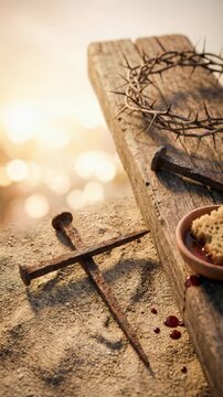 Iron nails and a crown of thorns on sand beside a wooden board and bowl, crucifixion symbols, mourning remembrance, Good Friday, Easter.
