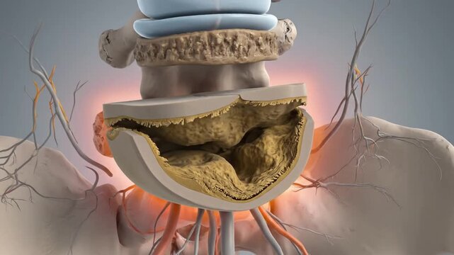 3D medical illustration of a degenerated lumbar spine disc and vertebrae with visible nerve roots and inflammation.