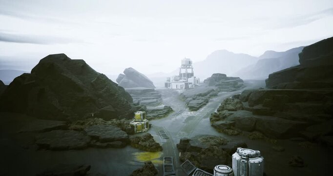 Distant communications tower across barren valley with service road and watchtower, relay dishes, patrol convoy and maintenance crews, crisp horizon light