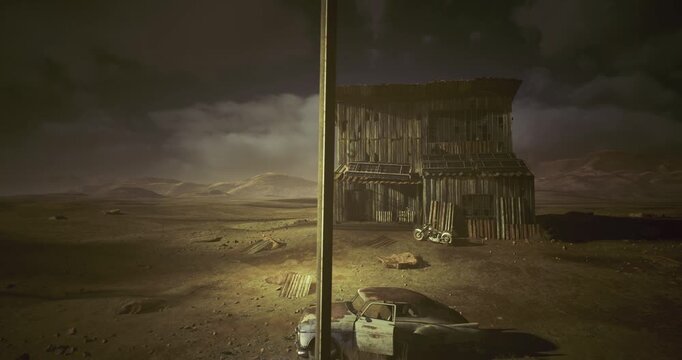 Isolated marker amid decaying abandoned landscape, Solitary signpost stands near neglected cabin amidst landscape of rusting debris and decay
