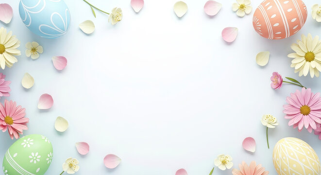 Easter eggs and spring flowers arranged on a light blue background for festive celebration