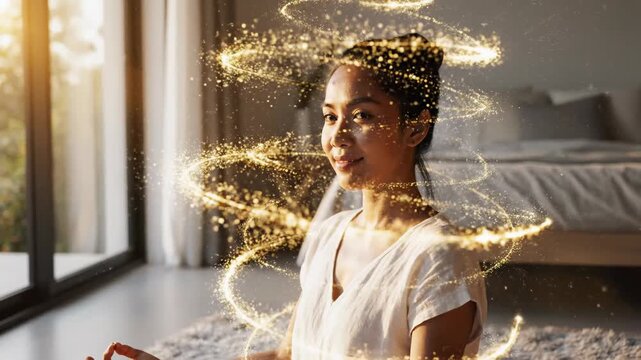 Peaceful woman finding internal stability, meditating for cognitive wellness and emotional balance. Bright energy surrounds her, symbolizing neural harmony and conscious thought control.