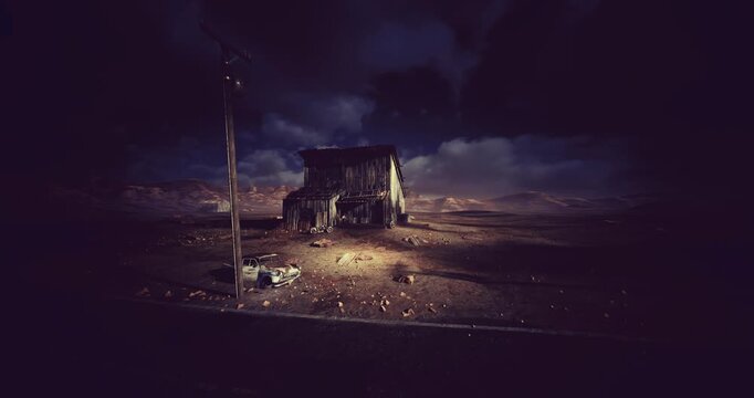 Broken wires surround solitary pole beside battered hut at night, Lone utility pole stands amidst broken wires near weathered shack at night