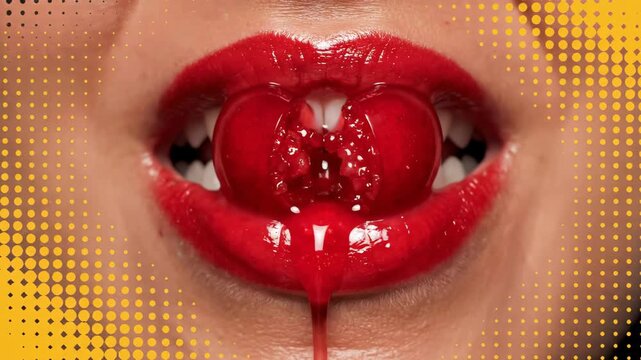 Close Up Glossy Red Lips Biting a Cherry with Dripping Juice and Halftone Dots