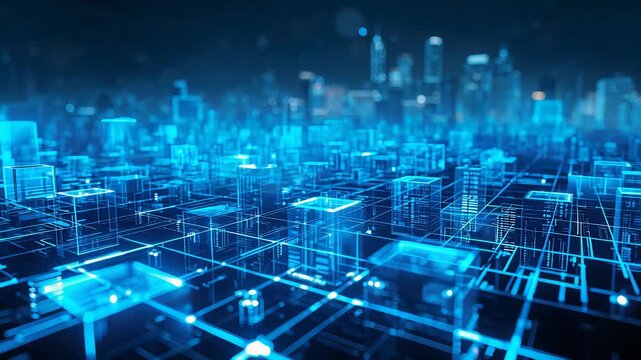 Glowing blue digital city formed by transparent buildings and connected circuit lines on a dark grid