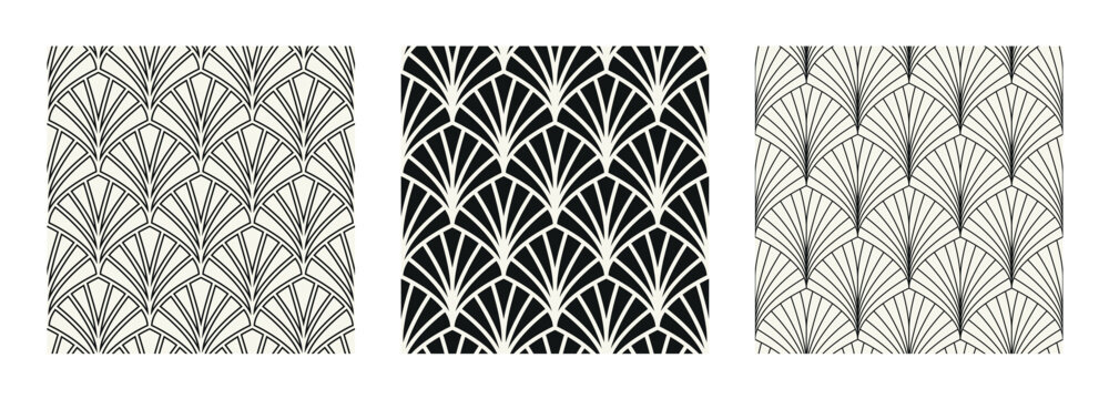 Vector seamless patterns set. Stylish linear ornaments. Geometric striped backgrounds with arches. Art deco thin monochrome swatches. Tileable prints with linear pointed arches.