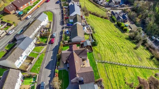 An aerial view panning up towards the Cefn Coed Viaduct at Merthyr Tydfil, Wales, UK