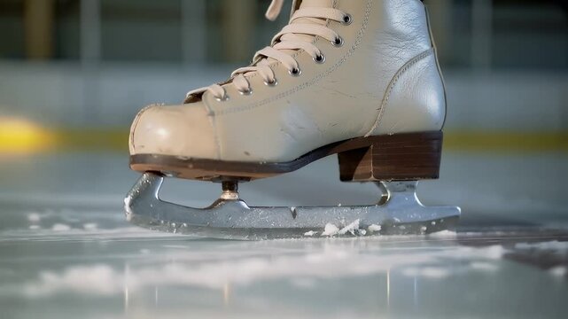 Skate blades glide on ice in a rink during practice session in winter month for figure skating enthusiasts