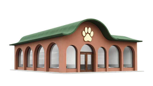 Modern pet shop building with a distinctive green wavy roof and golden paw print logo, isolated 3D render PNG on transparent background