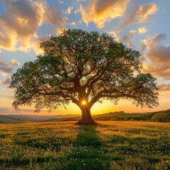 Fototapeta premium A grand tree silhouetted against a vibrant sunset sky, casting a long shadow over a grassy hill