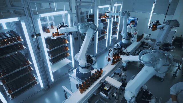 Robots work together in a factory for assembly and sorting tasks in a modern production area