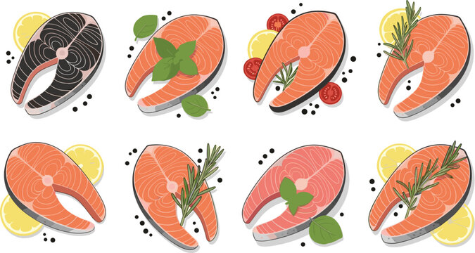Salmon steak with herbs vector set. Fresh salmon fish slices with lemon, basil and rosemary. Gourmet seafood ingredient illustration collection.