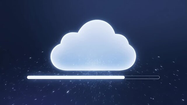 Cloud computing data upload progress bar, glowing digital cloud icon on dark blue background, network storage and hosting concept