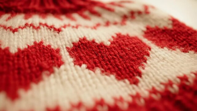 Close Up Knitted Sweater with Red and White Heart Pattern Wool Texture