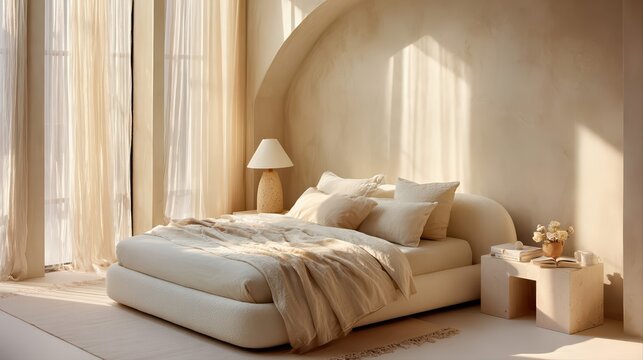 A serene minimalist bedroom bathed in warm sunlight with cozy bedding and neutral tones. The soft textures and elegant decor create a peaceful, modern retreat.