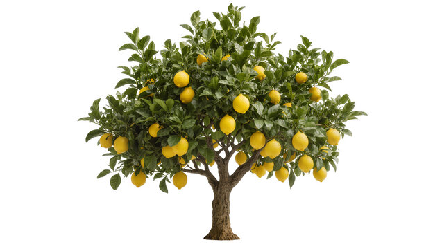 Vibrant lemon tree with abundant ripe yellow fruits and lush green foliage, isolated on transparent background, perfect for fresh citrus designs PNG