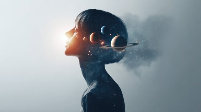 A double exposure image shows a human silhouette merging with the cosmos and planets. This surreal art captures imagination, creativity, and the universe inside the mind.