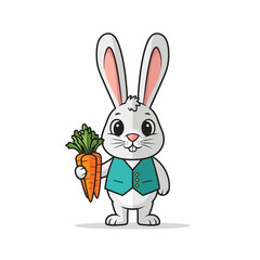 Obraz premium Cute cartoon rabbit holding carrots, wearing a vest, isolated on white background