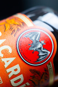 LONDON, UK - 20 AUGUST 2024 A bottle of Bacardi Caribbean Spiced Rum, a balanced blend of barrel-aged rum, aromatic spices, notes of coconut, pineapple, cinnamon, vanilla, and a subtle oaky note 
