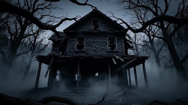 Spooky old house in dark forest.