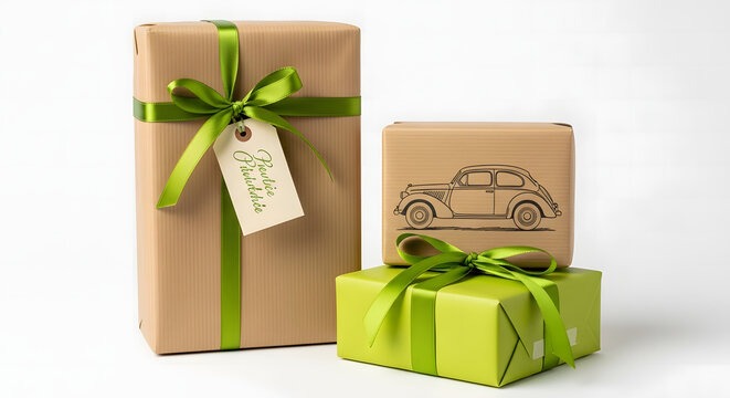 Two gifts wrapped in brown and green paper with ribbons