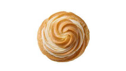 Delicious golden-brown choux pastry cream puff with a beautiful swirl of white cream, a sweet...