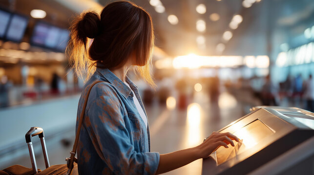 Wide bright airport terminal scene of a faceless female traveler from behind at a self service check in kiosk one hand on the touchscreen interface a wheeled suitcase visible
