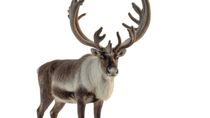 Majestic reindeer with impressive antlers, standing alertly, its thick winter coat detailed, isolated PNG on transparent background, a symbol of northern wilderness © Cian