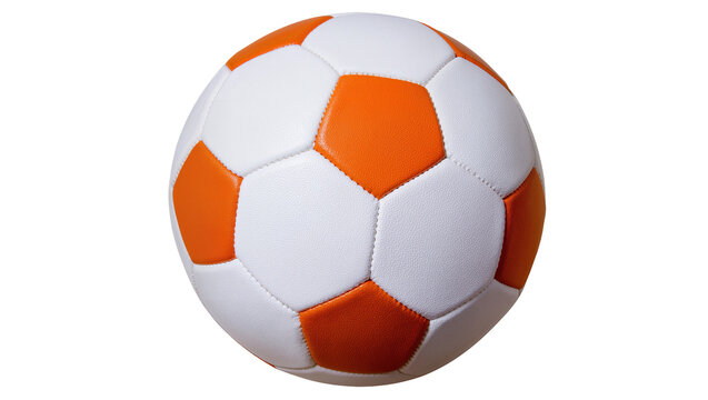 Dynamic orange and white soccer ball, a classic piece of sports equipment, perfectly isolated on a transparent background, ideal for sports themes PNG