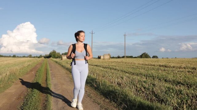 A woman with a backpack in sportswear walks through a field on a bright sunny day on a hike