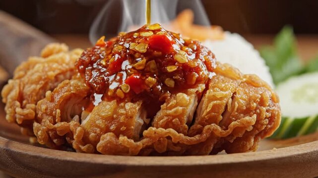 Smashed Chicken Footage on Crispy Red Sauce Wooden Plate with Cucumbers and Rice in Restaurant Interior