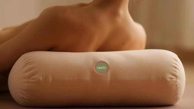 Ergonomic yoga bolster for back support, soft pink cylindrical meditation pillow, woman resting on therapeutic wellness cushion for spine alignment