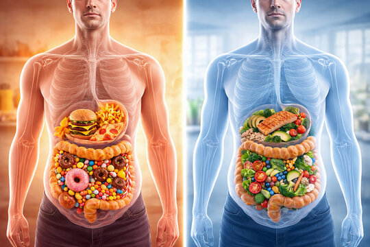 Healthy and unhealthy diet comparison in human body