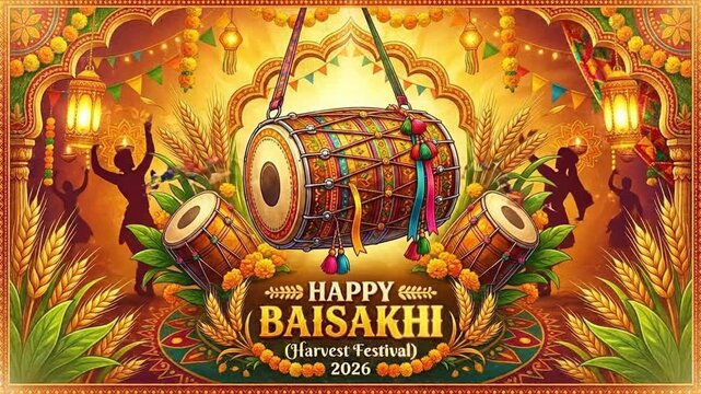 Vibrant illustration of the baisakhi harvest festival, featuring dhol drums, wheat, and dancing figures in a warm, golden palette.