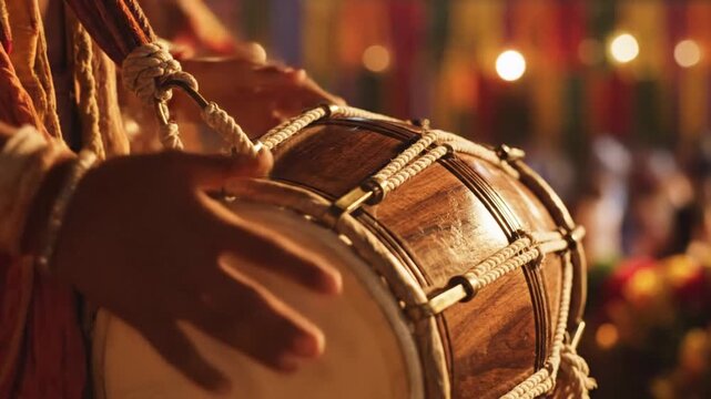 A close-up shot of hands playing a traditional dholak drum with warm, festive lighting during a vibrant baisakhi celebration.