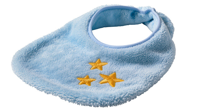 Soft blue baby bib with three embroidered golden stars, isolated on transparent background, essential infant feeding accessory PNG