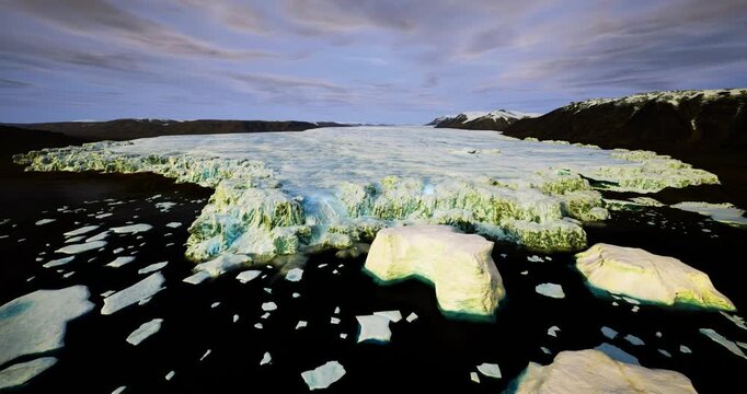 High aerial glacial panorama captured by drone, sweeping expanse of creased ice and scattered floes stretching to distant horizon, mapping perspective ideal