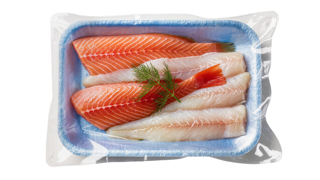 Fresh raw salmon and white fish fillets, packaged in a blue foam tray with clear plastic wrap and dill, isolated PNG for healthy seafood and grocery designs