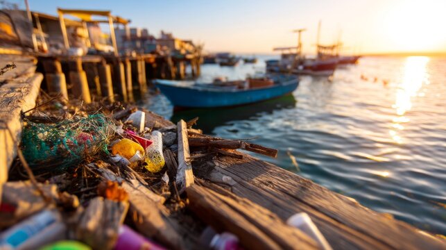 Fishing Harbor Scene with Plastic Debris and Broken Items at Sunset